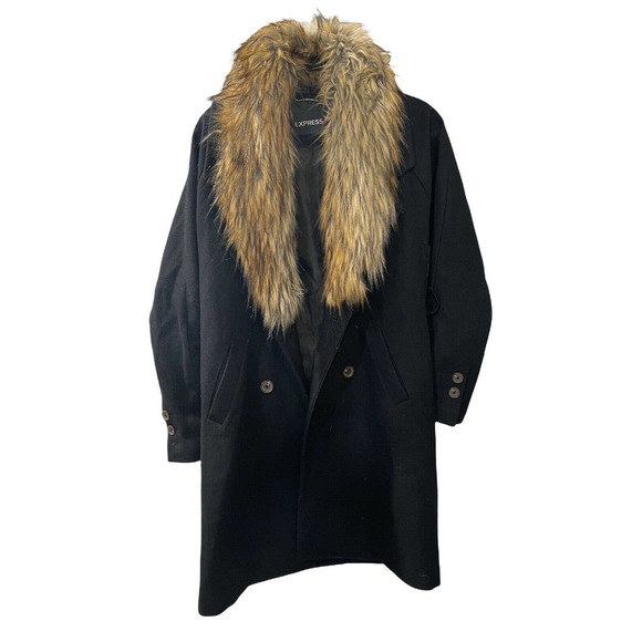 Express Jackets & Blazers - Express Black Long Wool Coat with Faux Fur Collar Women's Size XS No Belt